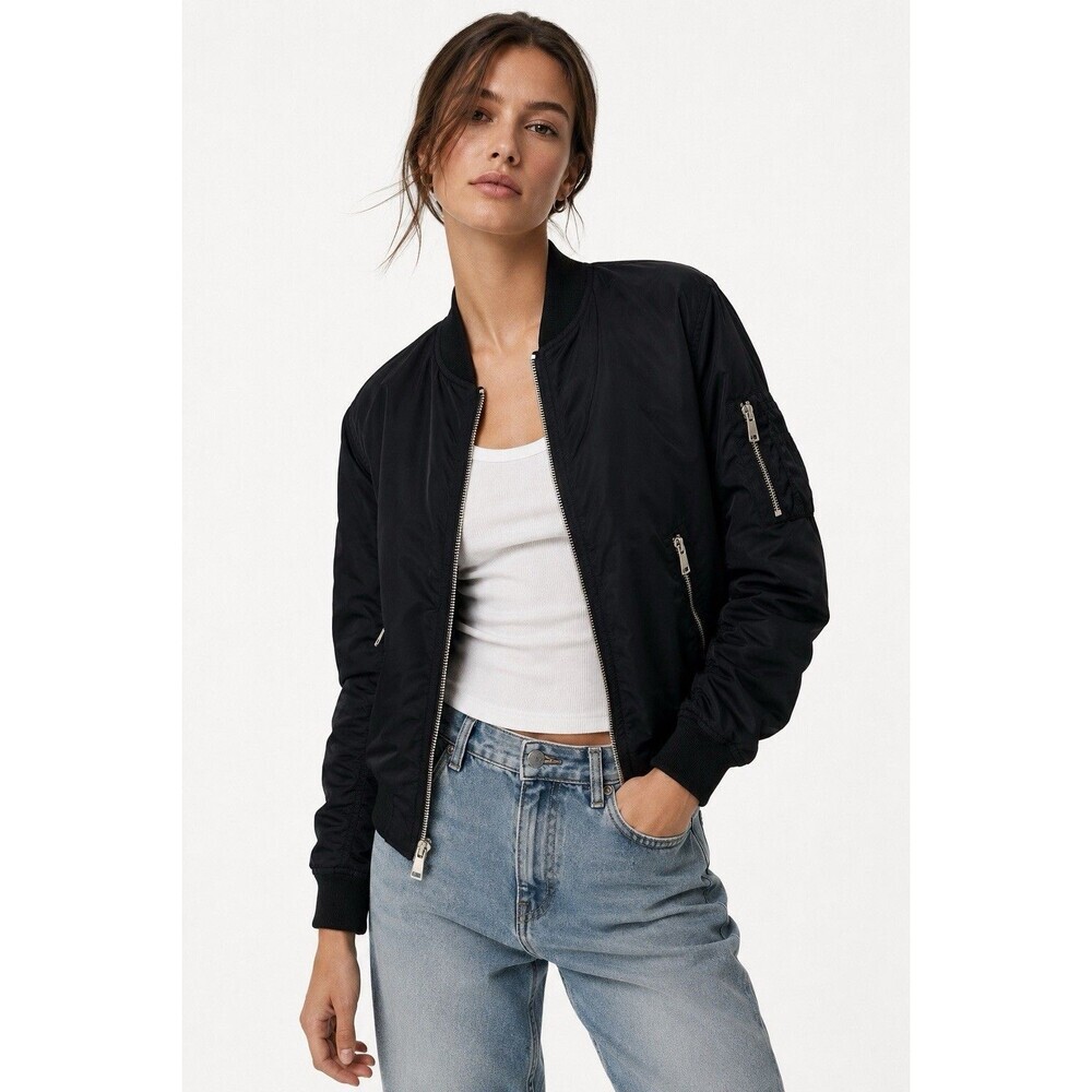 Topshop Black Bomber Jacket MA-1 Zip Utility Pocket Lightweight Women’s US 8
